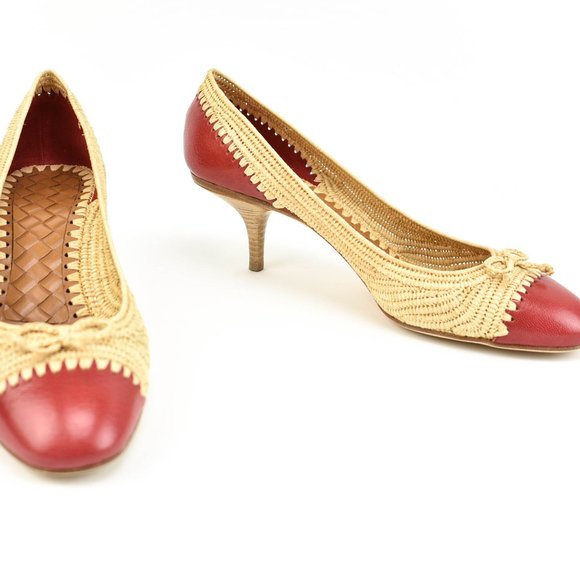 BOTTEGA VENETA: Red, Leather & Raffia Kitten Heels/Pumps - Picture 1 of 10
